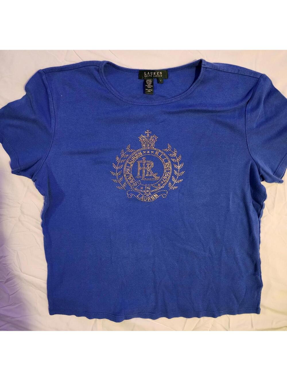 Royal Blue Vintage Ralph Lauren Womens Size Large Cropped Top Short Sleeve